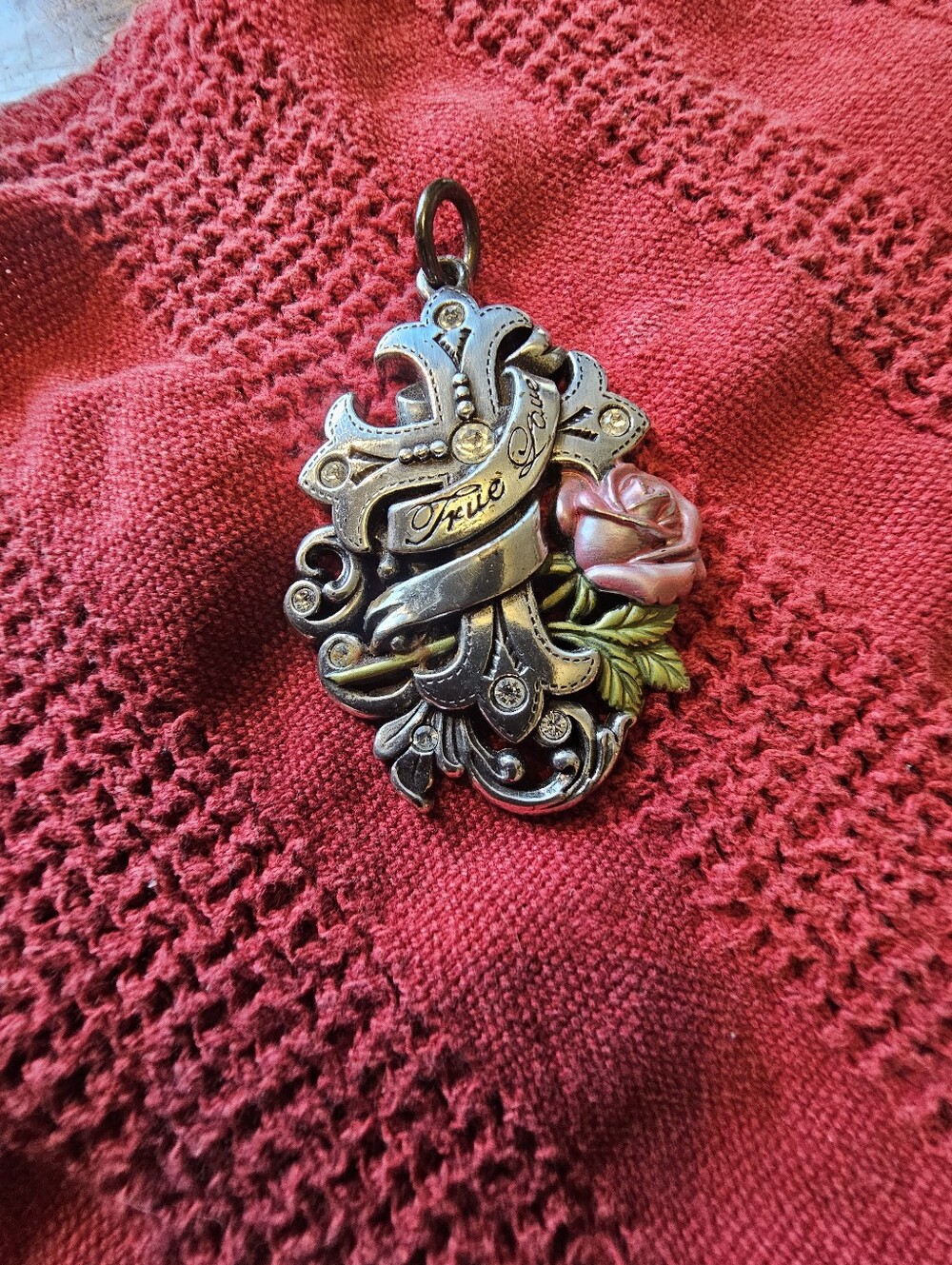 Silver Cross Pendant With Pink Flower